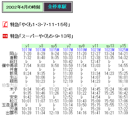 表 やくも 時刻
