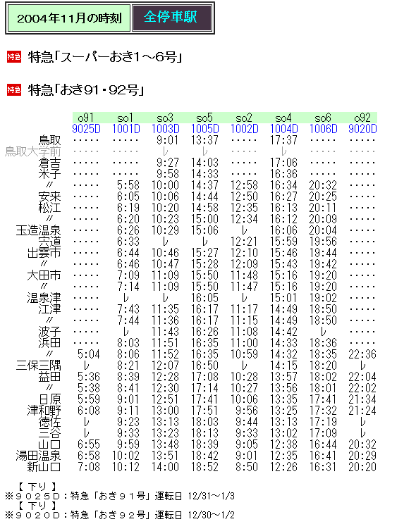 ☆ 2004年 臨時特急「おき91・92号」の時刻 : Rail・Artブログ