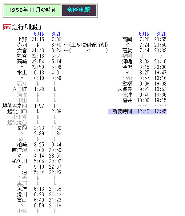 ☆ 1958年11月 急行「北陸」の時刻 : Rail・Artブログ