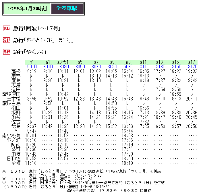 ☆ 1985年1月 急行「むろと51・54号」「やくし号」の時刻