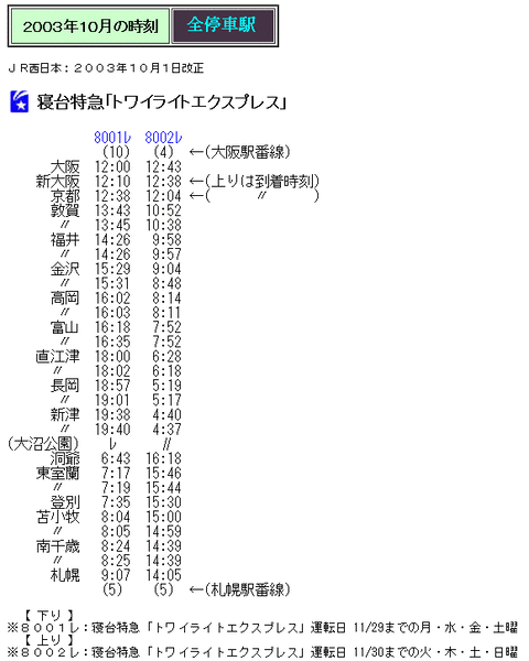 北陸本線「はくたか」「しらさぎ」「トワイライトエクスプレス」等 スタフ 行路表 複製時刻表 寝台特急 「トワイライトエクスプレス」 敦賀－金沢