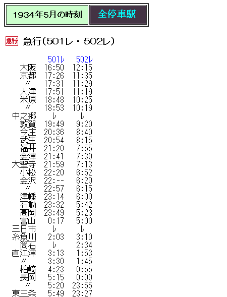 ☆ 1934年5月 大阪～青森 急行501(502)レの時刻 : Rail