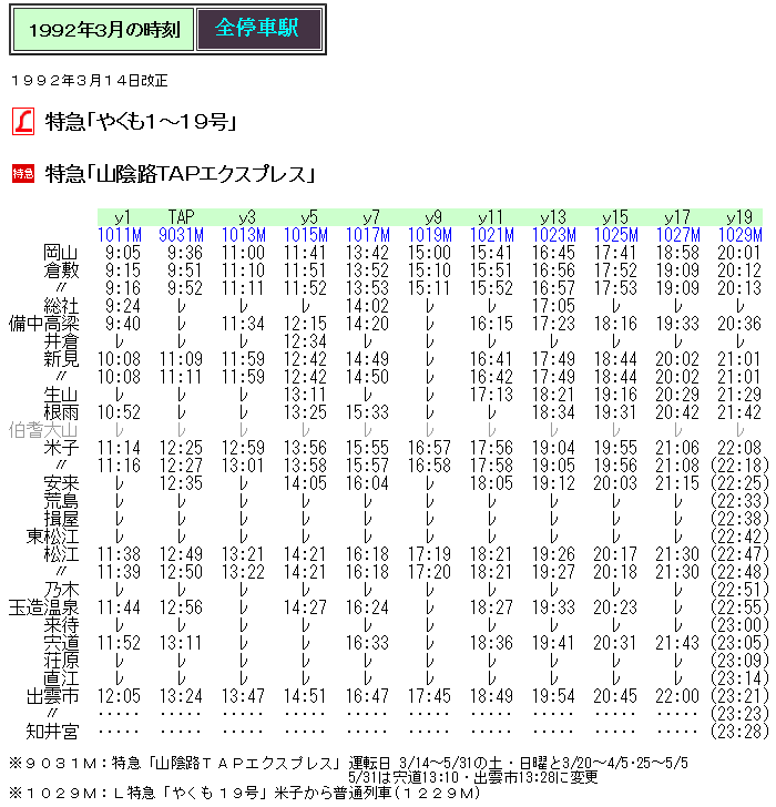 ☆1992年春臨 特急「山陰路TAPエクスプレス」の時刻 : Rail