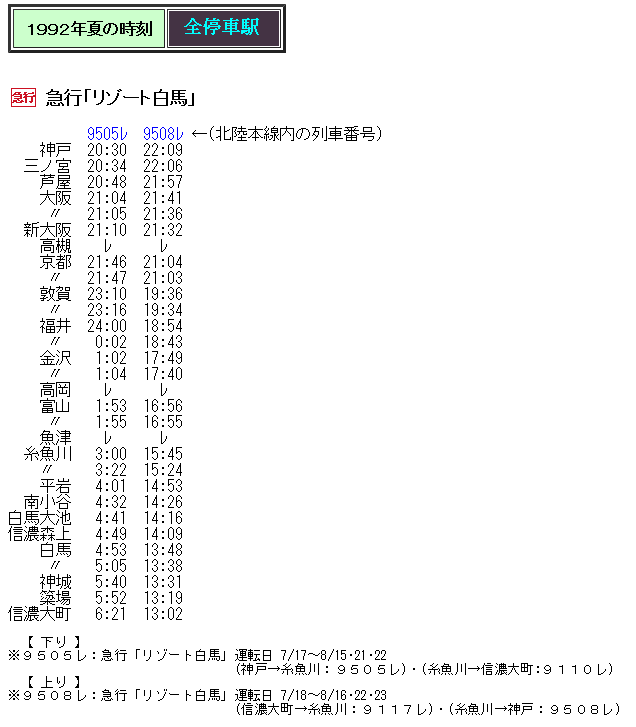 ☆ 1993年8月 急行「リゾート白馬」の時刻 : Rail・Artブログ