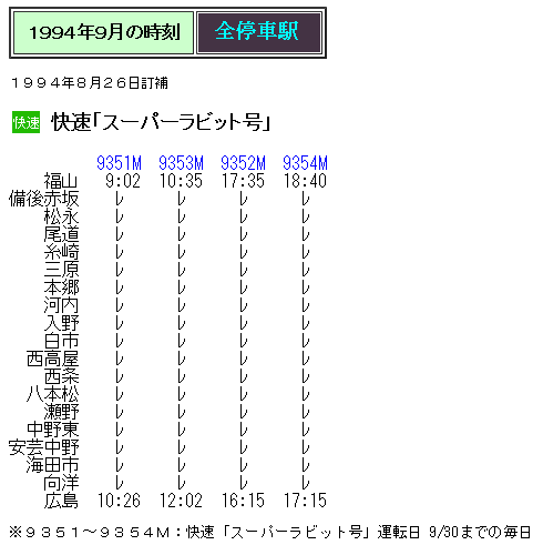 1994年9月 快速 スーパーラビット の時刻 Rail artブログ 1994年9月 快速 スーパーラビット の時刻 Rail artブログ