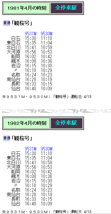 ☆ 白石～仙台 臨時列車「さくら」⇒「観桜号」の時刻変遷 : Rail