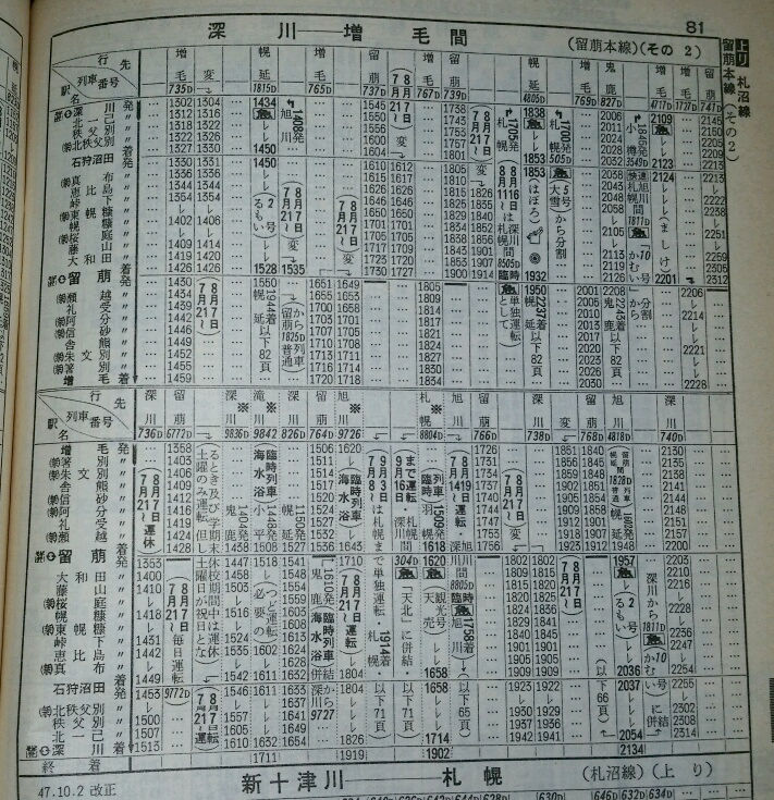 73年7月 道内時刻表（留萠本線・羽幌線）で海水浴臨を見る : Rail