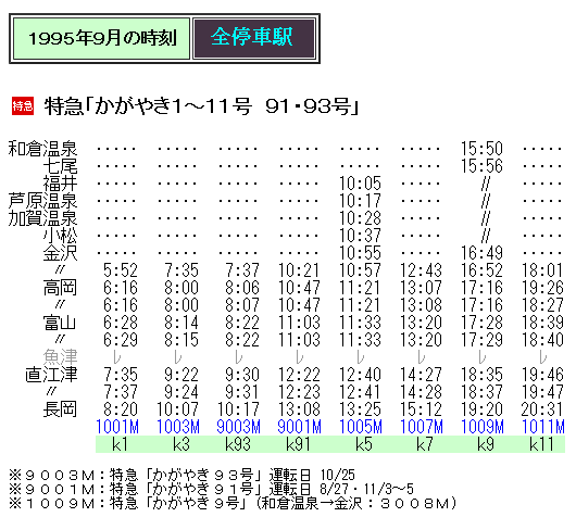☆ 1995年秋臨 特急「かがやき93・94号」の時刻 : Rail