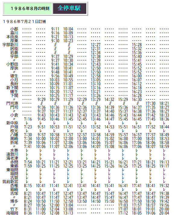 ☆ 1986年8月 鹿児島本線(小倉～博多)電車快速の時刻 : Rail