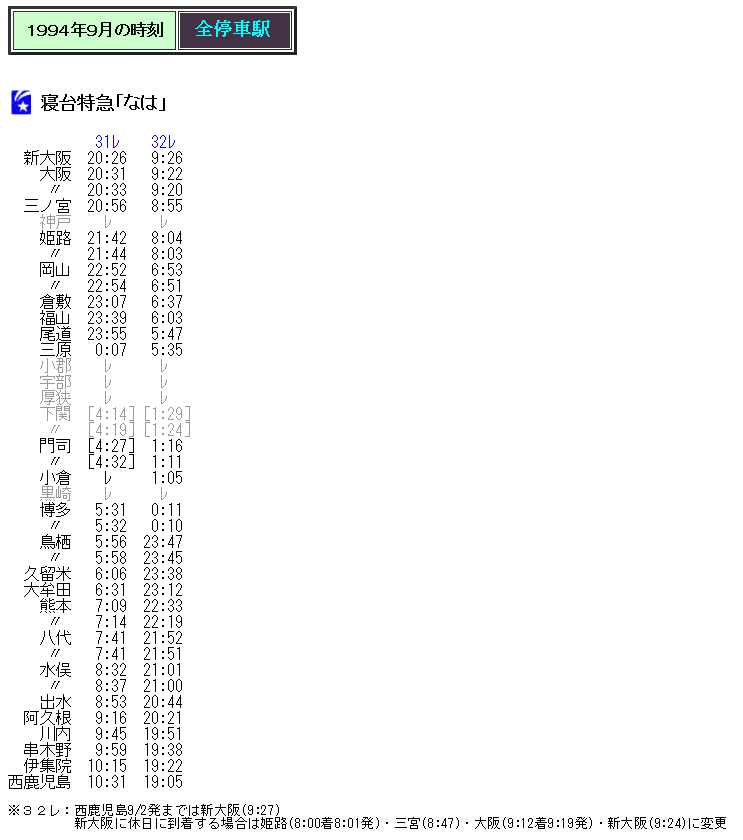 ☆ 1994年9月 寝台特急「なは」の時刻 : Rail・Artブログ