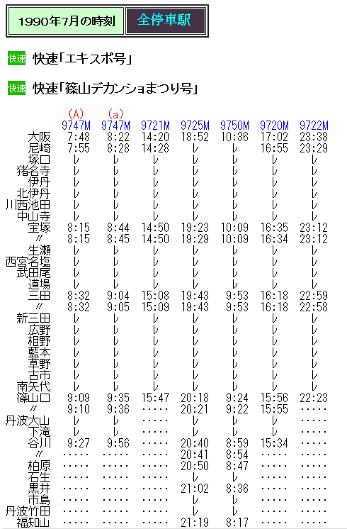 ☆ 1990年7月 快速「エキスポ号」の時刻② 大阪～福知山 : Rail