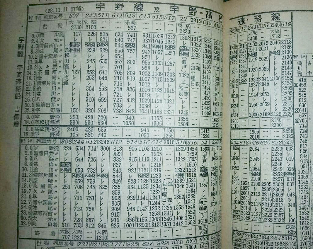 時刻表　1987～1992　12冊 ☆1948年7月 山陰本線の準急2801（2802）レの時刻