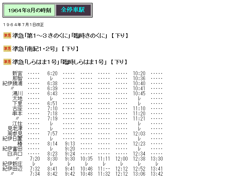 ☆ 1964年8月 準急「きのくに・南紀・しらはま」の時刻