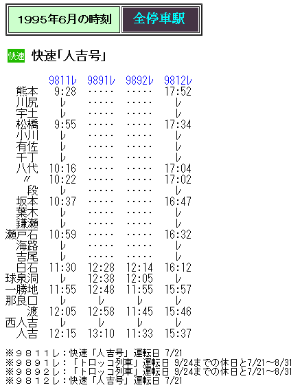 ☆ 1995年6月 SL快速「人吉号」の時刻 : Rail・Artブログ