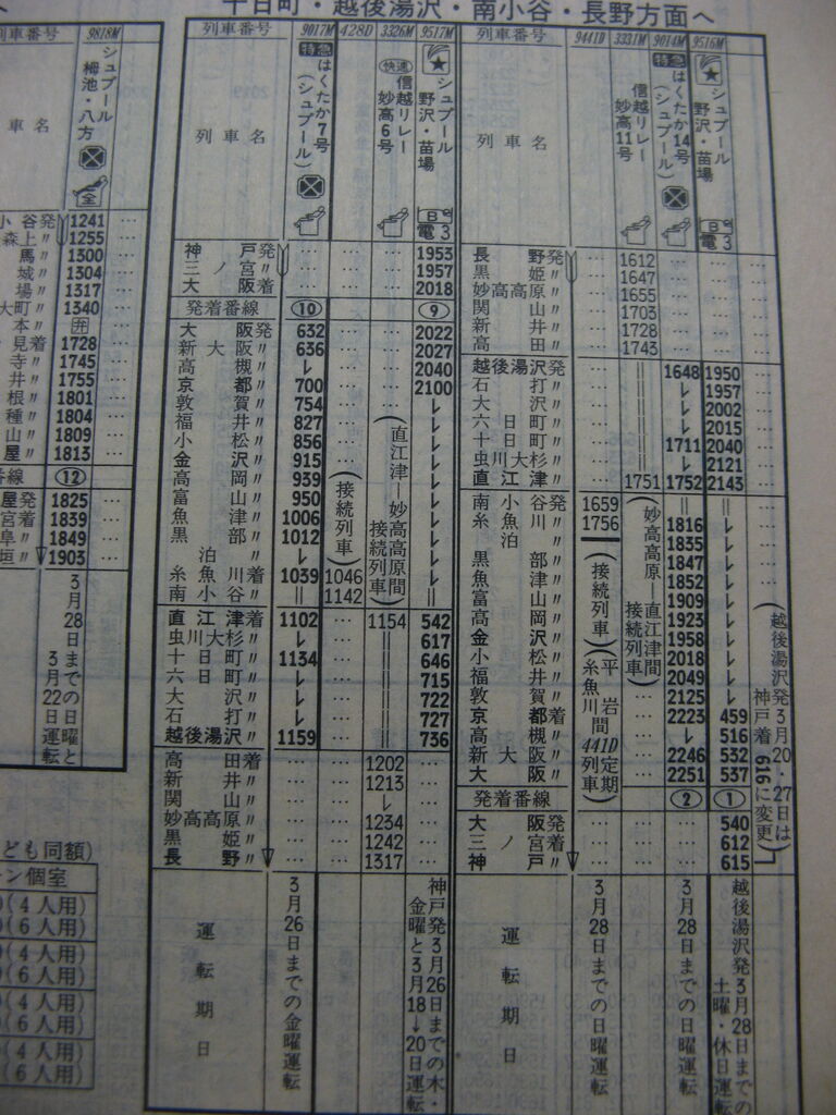☆ 1999年3月 大阪延長の特急「はくたか」の時刻 : Rail・Art