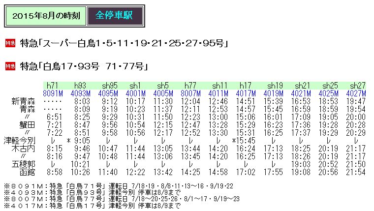 ☆ 2015年8月 特急「スーパー白鳥・白鳥」の時刻 : Rail・Art