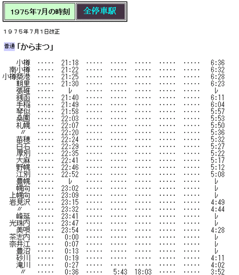 ☆ 1975年7月 小樽～釧路 夜行列車「からまつ」の時刻 : Rail
