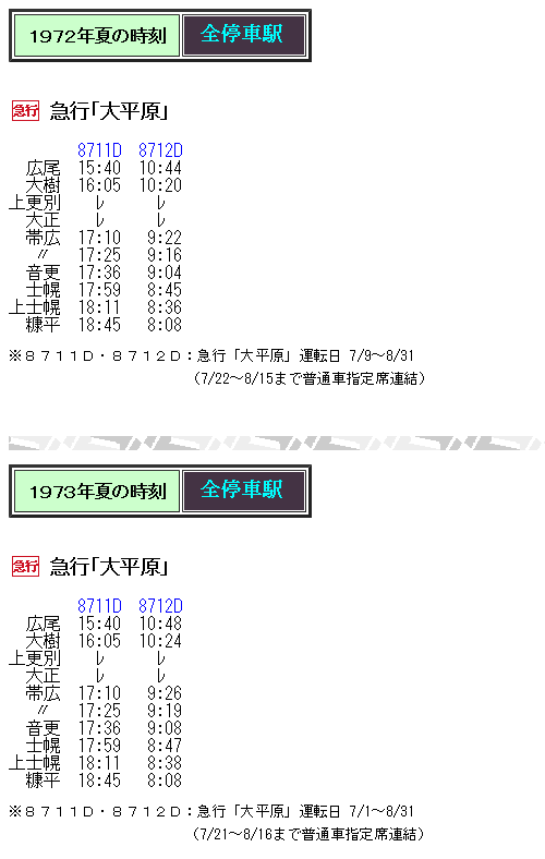 ☆ 準急「ひろお」と急行「大平原」の時刻一覧 : Rail・Artブログ