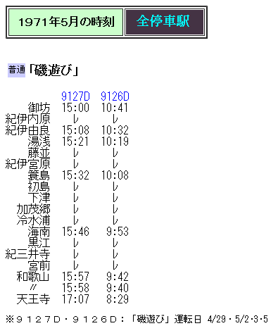 ☆ 1971年5月 紀勢本線の臨時列車「磯遊び」の時刻 : Rail