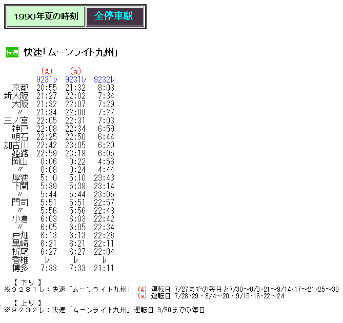 ☆ 1990年7月 快速「ムーンライト九州」の時刻 : Rail