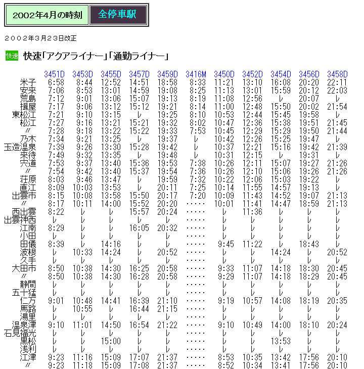 ☆ 2002年4月 快速「アクアライナー」の時刻 : Rail
