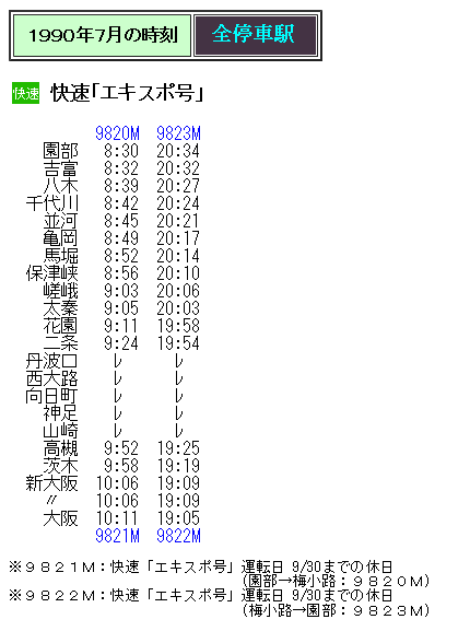 ☆ 1990年7月 快速「エキスポ号」の時刻④ 園部～大阪 : Rail