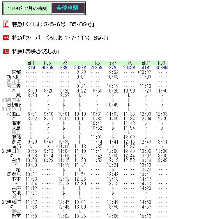 ☆ 1996年2月 特急「春咲きくろしお」の時刻 : Rail・Artブログ