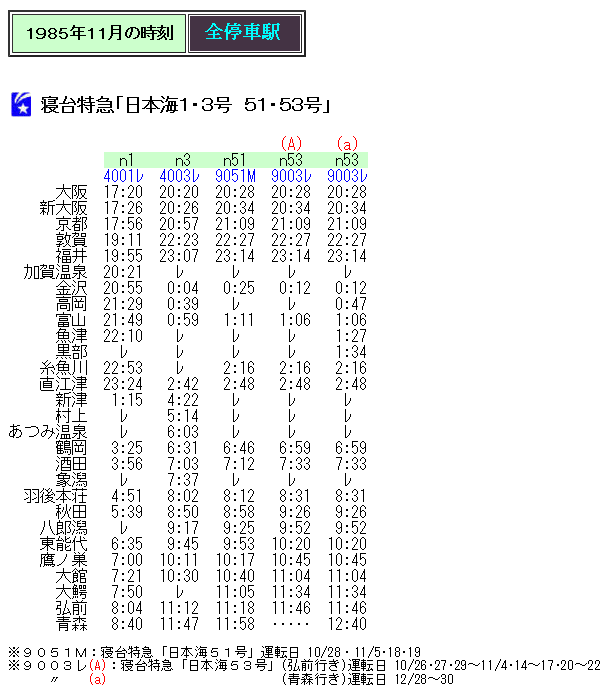 ☆ 1985年秋臨 寝台特急「日本海51～54号」の時刻 : Rail