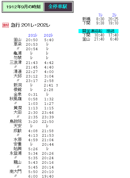 ☆ 1912年 釜山～長春 急行201(202)列車の時刻 : Rail