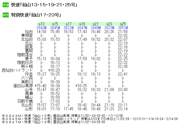 ☆ 1997年12月 快速「ゲレンデ面白山」の時刻 : Rail