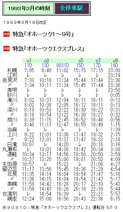 ☆ 1993年春臨 特急「オホーツクエクスプレス」の時刻 : Rail