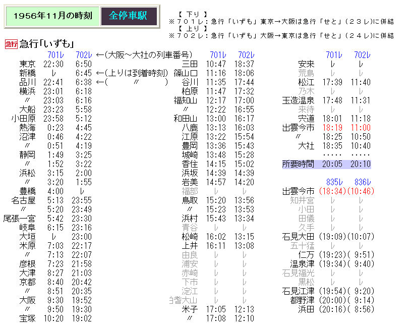 ☆ 1956年11月 急行「いずも」の時刻 : Rail・Artブログ