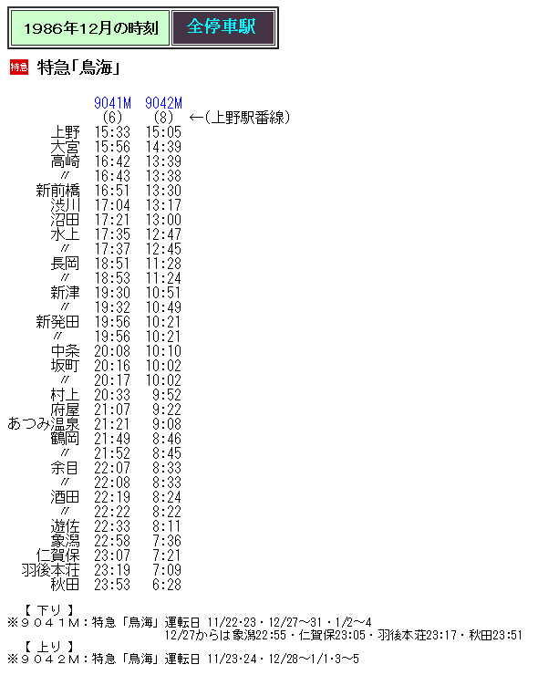 1986年12月 特急 鳥海 の時刻 Rail artブログ