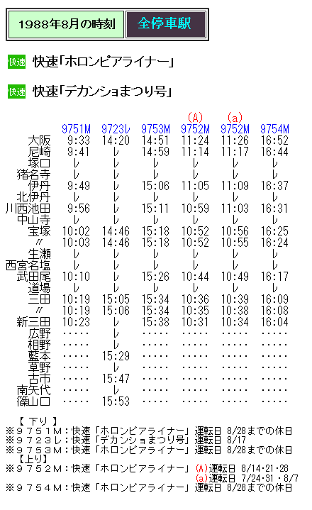 ☆ 1988年8月 快速「ホロンピアライナー」の時刻 : Rail ☆ 1988年8月 快速「ホロンピアライナー」の時刻 : Rail