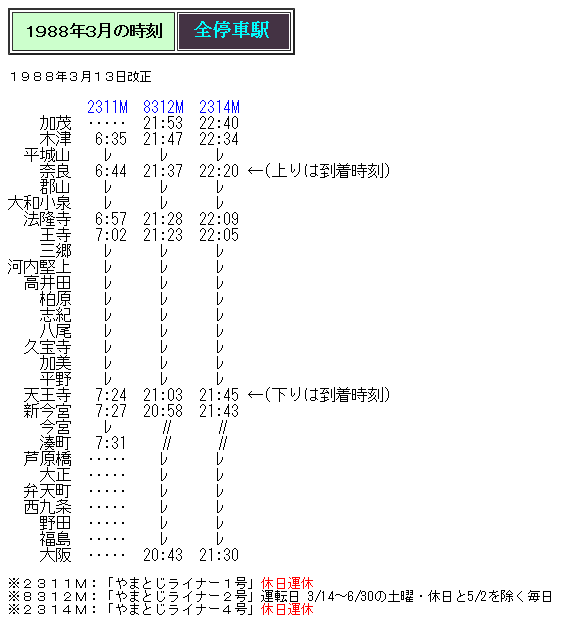 新作人気 ☆ 1988年3月 設定時の「やまとじライナー」の時刻 : Rail コレクション