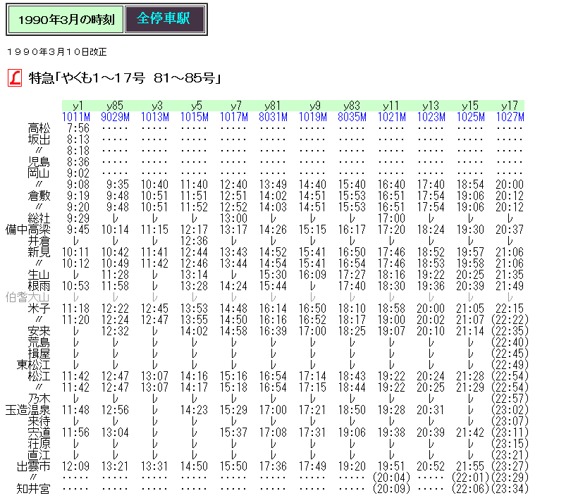 ☆ 1990年3月 L特急「やくも」の時刻 : Rail・Artブログ