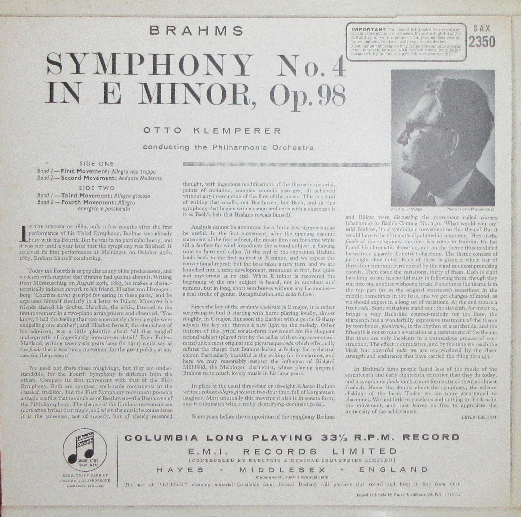 クレンペラーブラームス第4のLP/1956,57年 : 新・今でもしぶとく