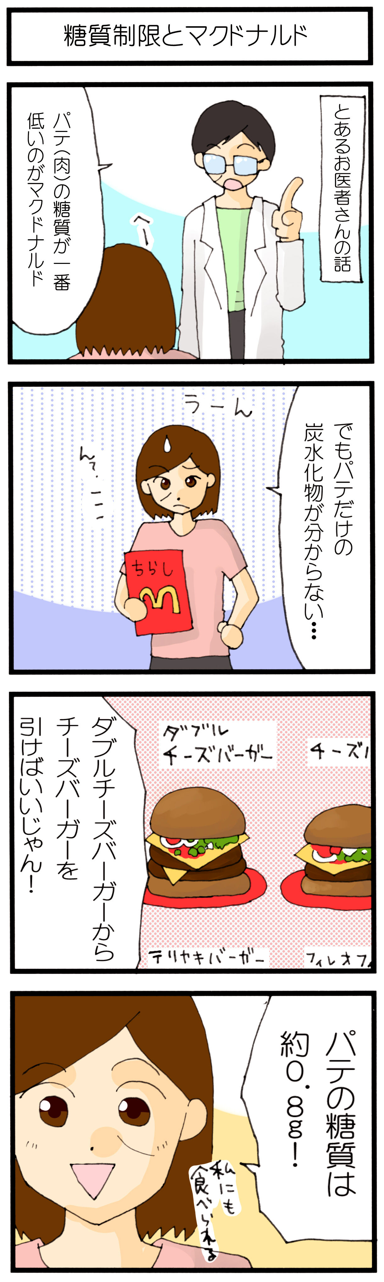 糖質制限中にはマクドナルドへ行こう おススメハンバーガーの食べ方 糖尿病になってビックリ 糖質制限4コマまんが 糖質制限中にはマクドナルドへ行こう おススメハンバーガーの食べ方 糖尿病になってビックリ 糖質制限4コマまんが