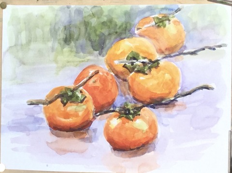 水彩画「柿実るころー白壁土蔵」