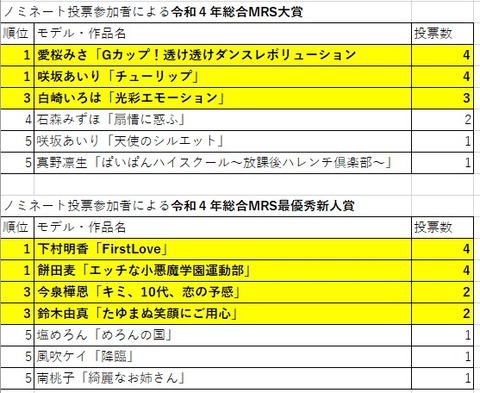 年間総合(SNS投票)集計表ノミネート限定