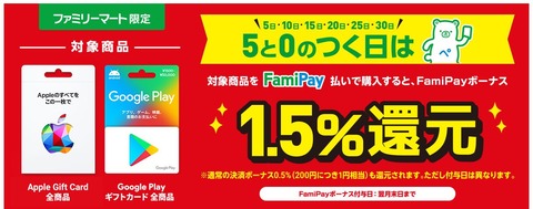 【５と０のつく日】ファミペイでPOSAカードを買うと合計1.5％還元！