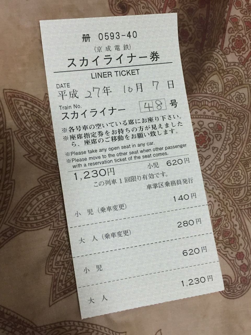 京成の車急式ライナー券1 スカイライナー用 青春のきっぷタイム