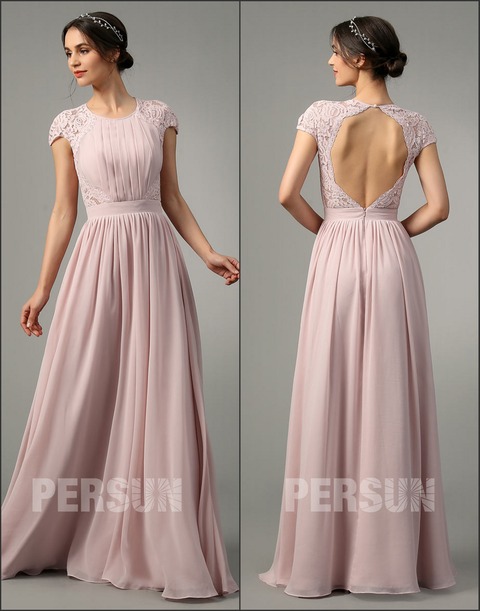 Robe de soirée longue rose poussiéreux dos nu avec mancherons ligne A