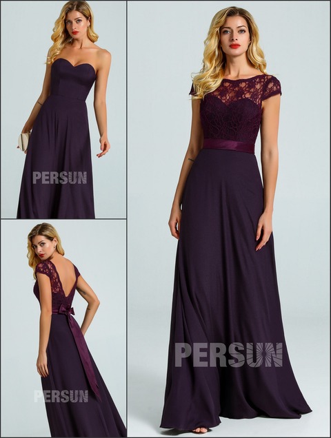 Robe longue violette foncé pour mariage avec haut dentelle amovible ligne A