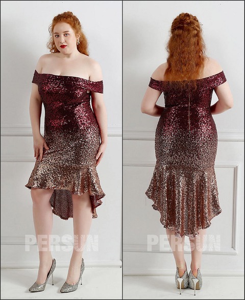 Robe de soirée rouge doré dégradé épaules dénudées en sequins