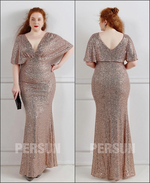 Robe pour mariage champagne grande taille sirène col en V en sequin