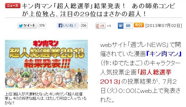 キン肉マン「超人総選挙」結果発表！