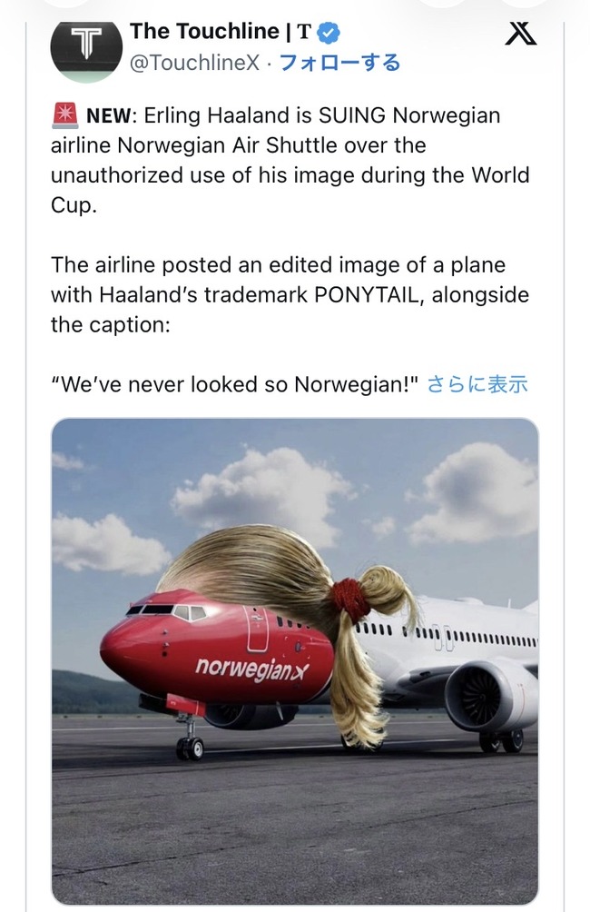 【悲報】ハーランドさん、ノルウェーの航空会社にクソコラを宣伝されてブチギレ起訴してしまうｗｗｗｗｗｗｗｗ