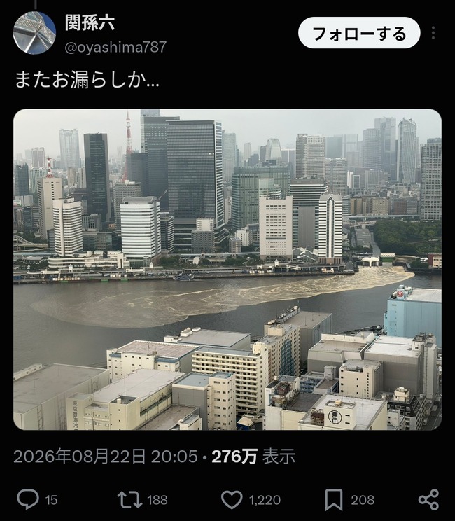 【画像】東京の隅田川、豪雨で例の色に変わってしまう