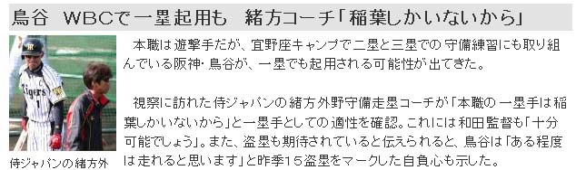 鳥谷　ＷＢＣで一塁起用も